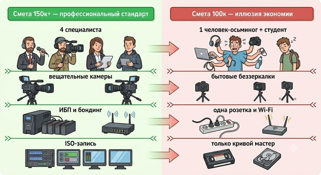 Сравнение сметы 150к+ и 100к: команда, камеры, резерв и запись