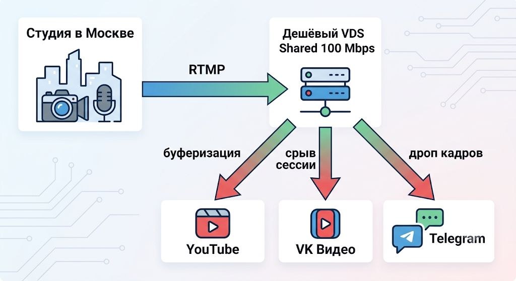 Дешёвый VDS: студия через RTMP к shared-серверу и сбои на YouTube, VK и Telegram