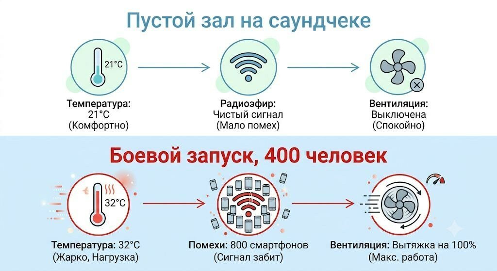 Пустой зал на саундчеке против боевого запуска: температура, радиосмог и вентиляция